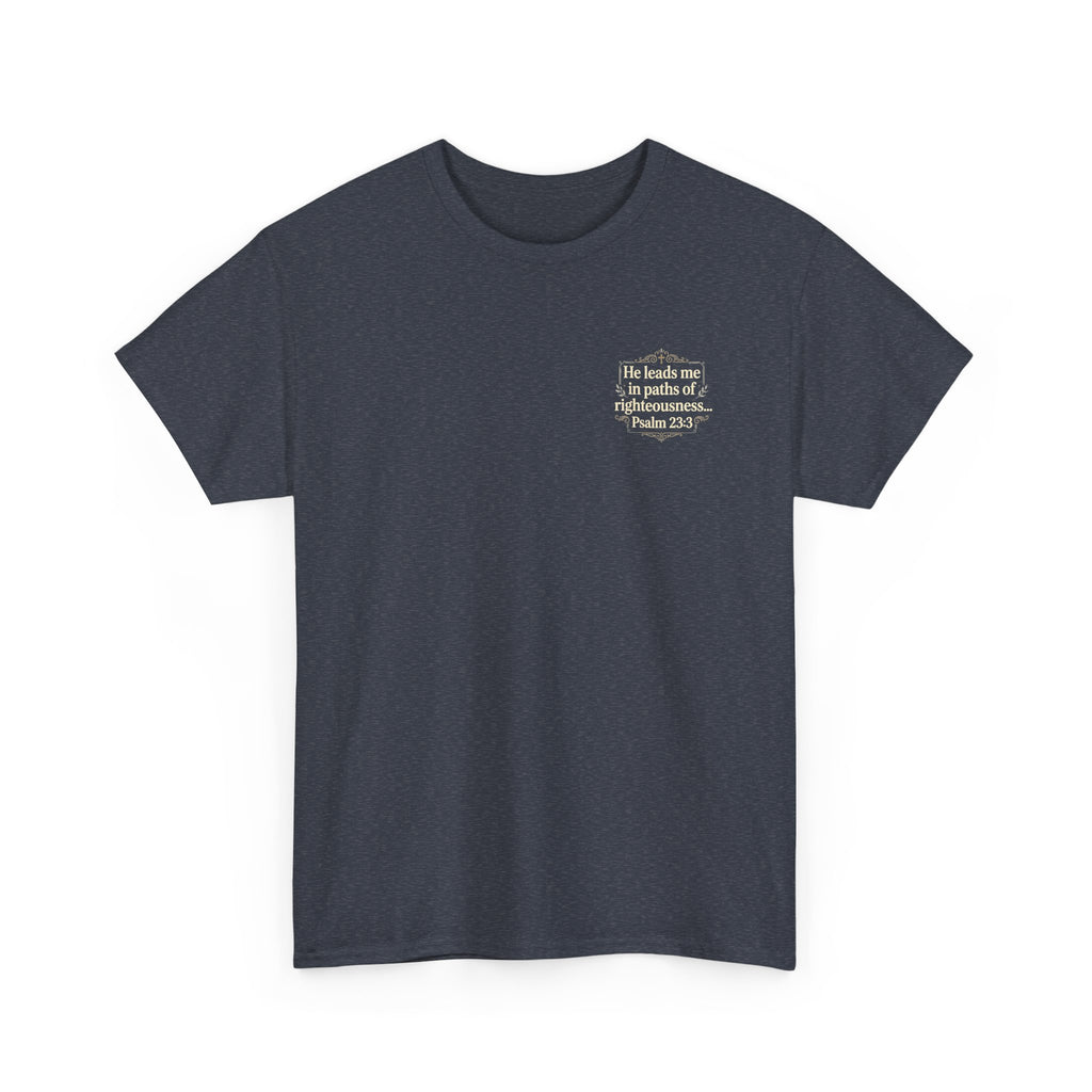 Christian Scripture Tee — "He heals the brokenhearted" Psalm 34:18 Chest Print