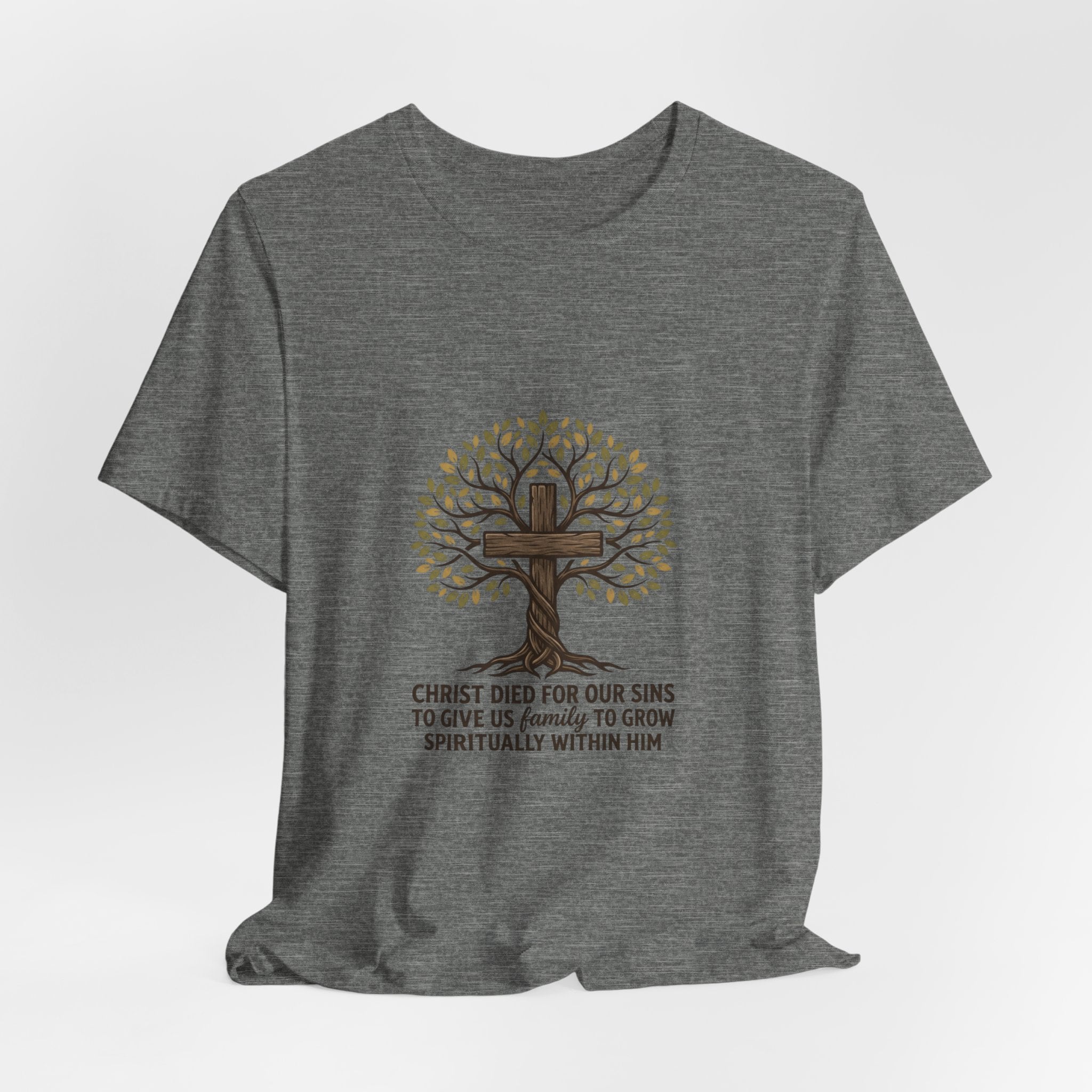 Christian Cross Tree T-Shirt — "Christ died for our sins to give us family to grow spiritually within Him"
