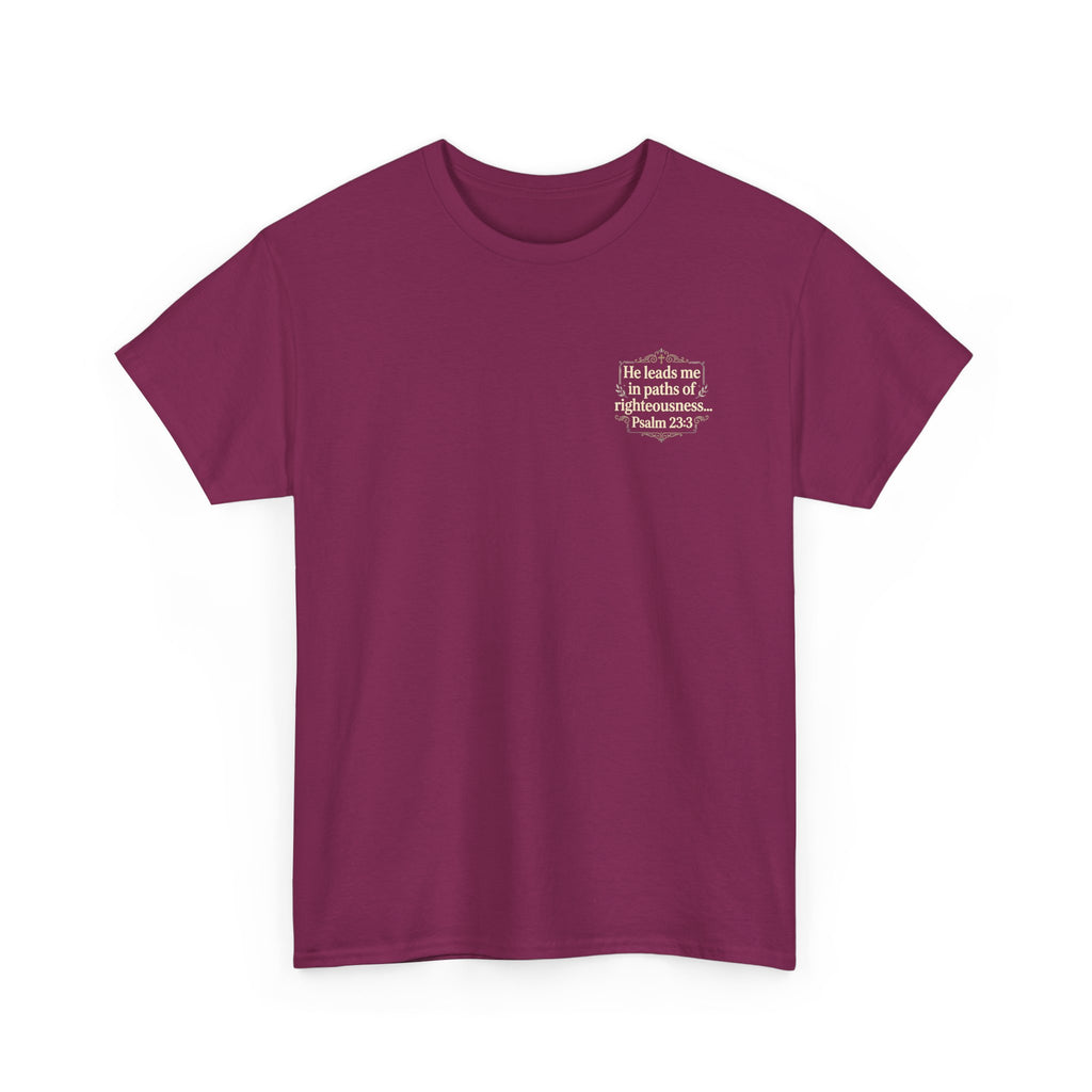 Christian Scripture Tee — "He heals the brokenhearted" Psalm 34:18 Chest Print
