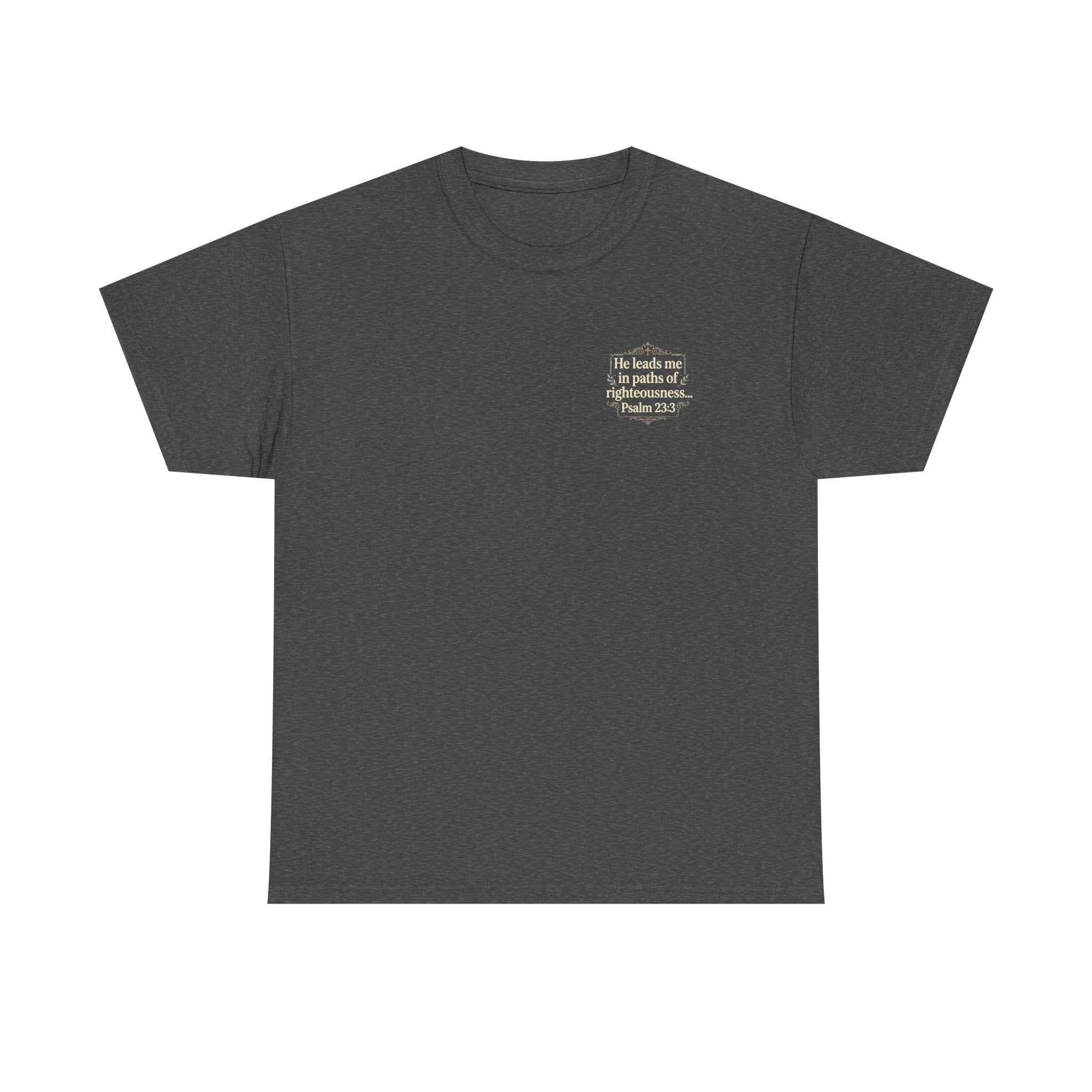 Christian Scripture Tee — "He heals the brokenhearted" Psalm 34:18 Chest Print