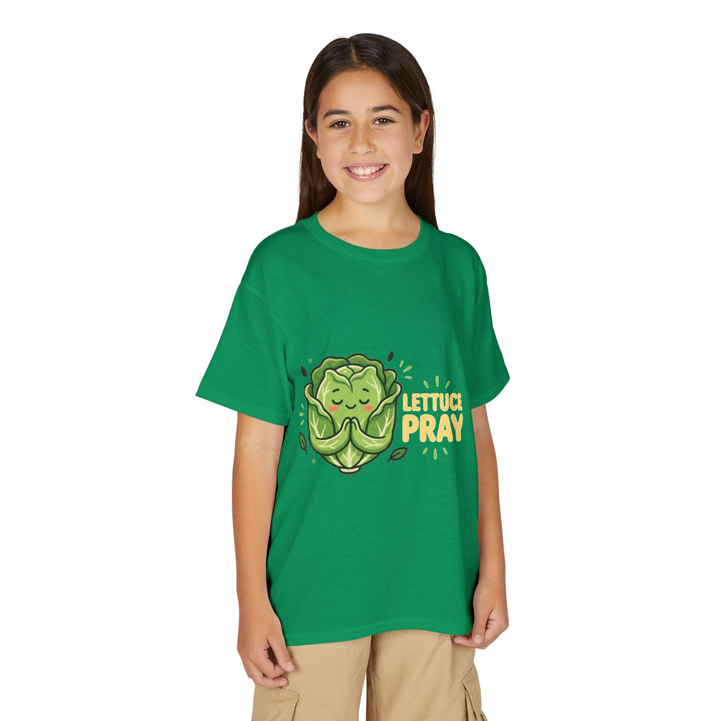 Youth T-Shirt — "Lettuce Pray" Cute Praying Lettuce Kids Tee
