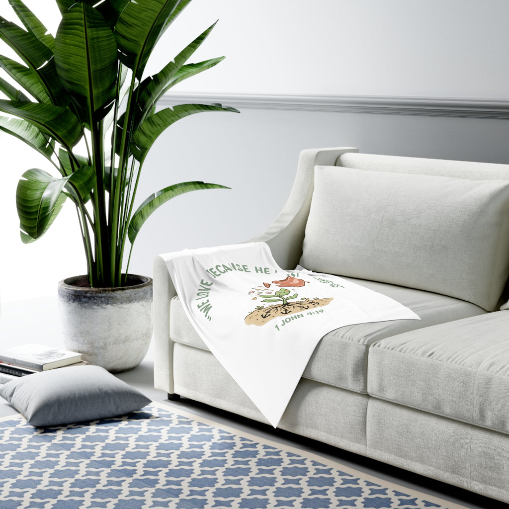 Christian Baby Swaddle Blanket — "We Love Because He First Loved Us" (1 John 4:19) with Watering Can & Seedling Design