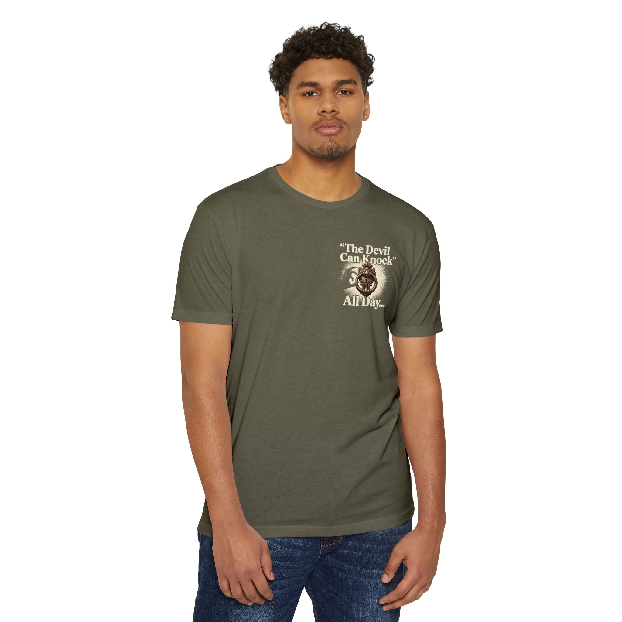 Christian Cross T-Shirt — "The Devil Can Knock All Day... But I Only Answer For Jesus"