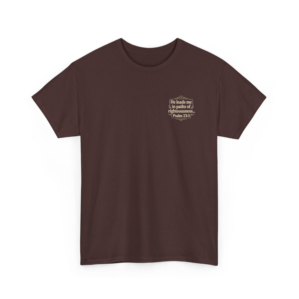 Christian Scripture Tee — "He heals the brokenhearted" Psalm 34:18 Chest Print