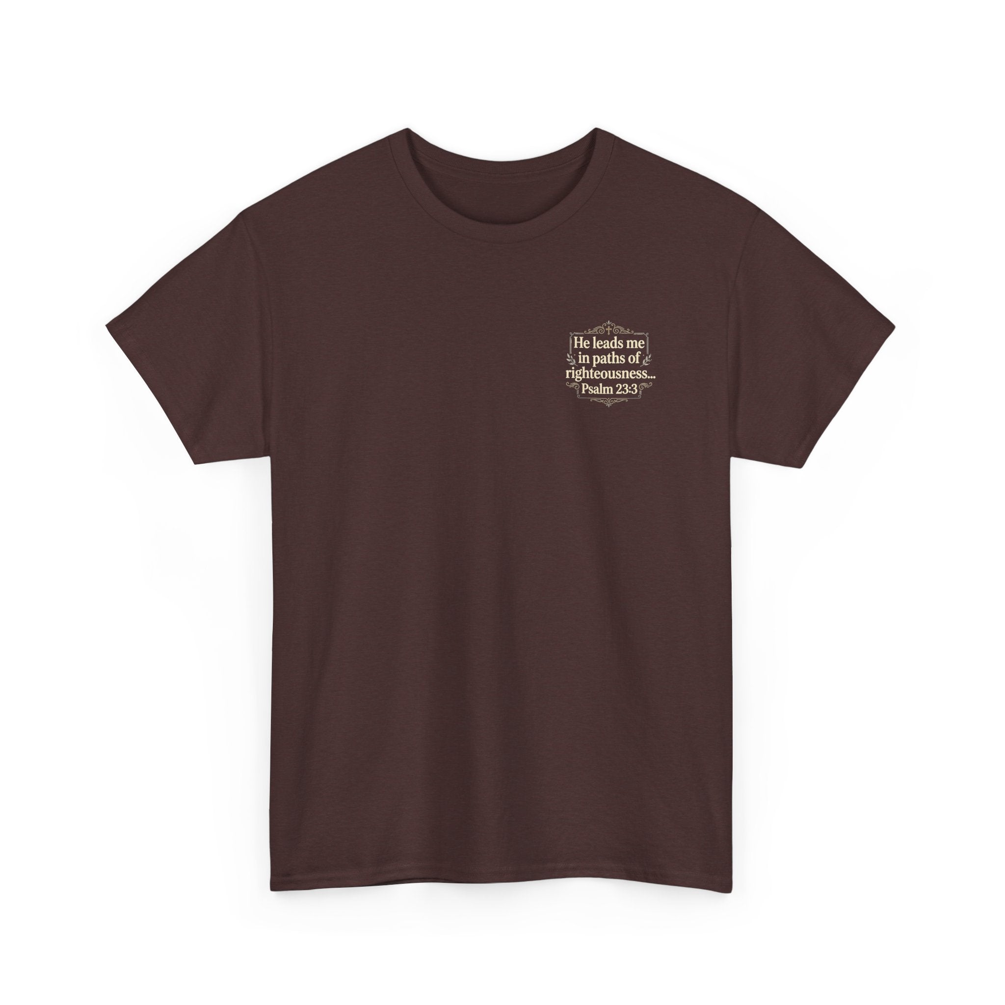 Christian Scripture Tee — "He heals the brokenhearted" Psalm 34:18 Chest Print