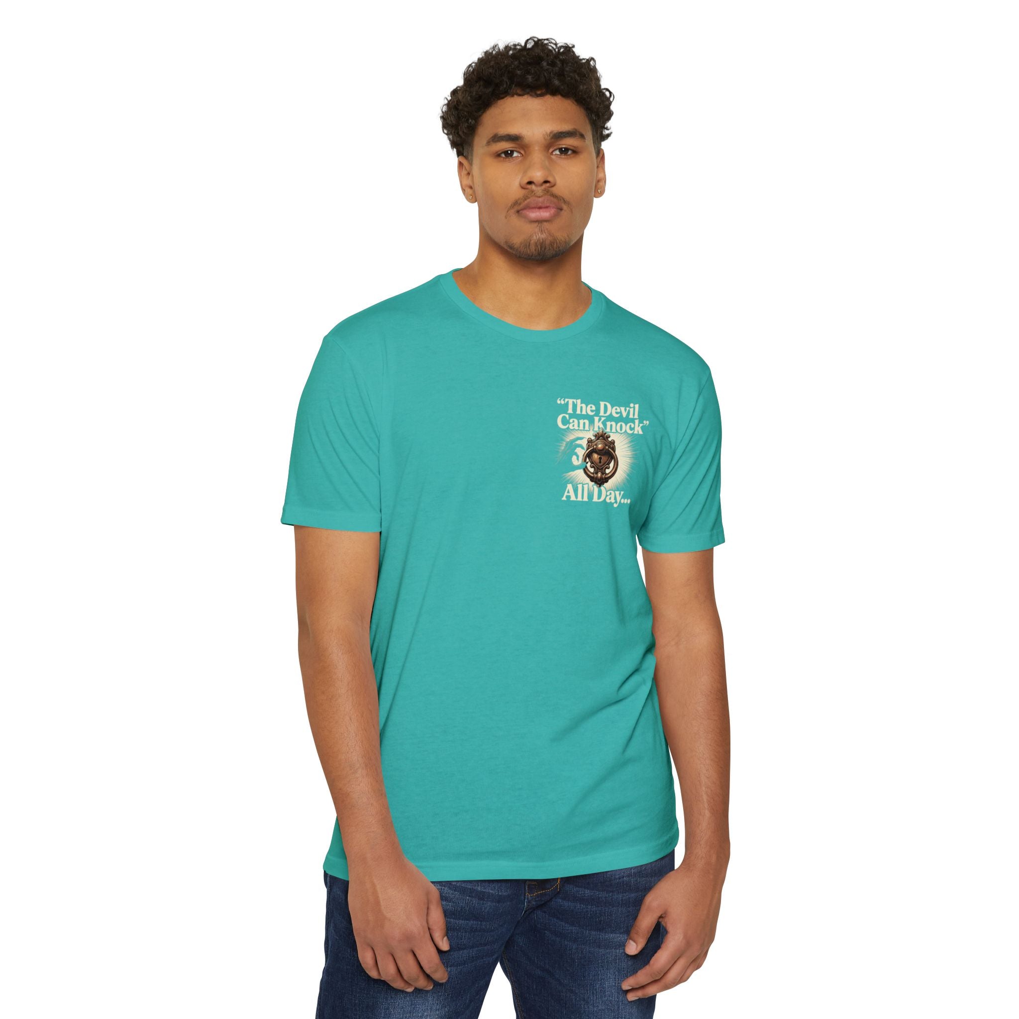 Christian Cross T-Shirt — "The Devil Can Knock All Day... But I Only Answer For Jesus"