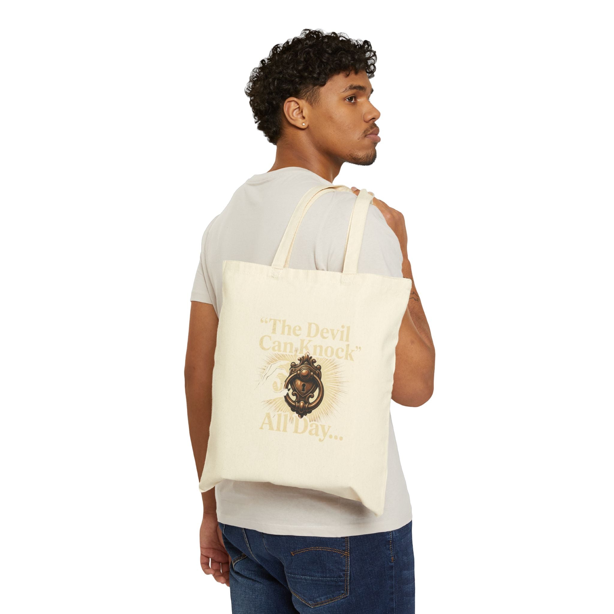 Religious Cotton Tote Bag — "The Devil Can Knock All Day" & Golden Cross Canvas Market Tote