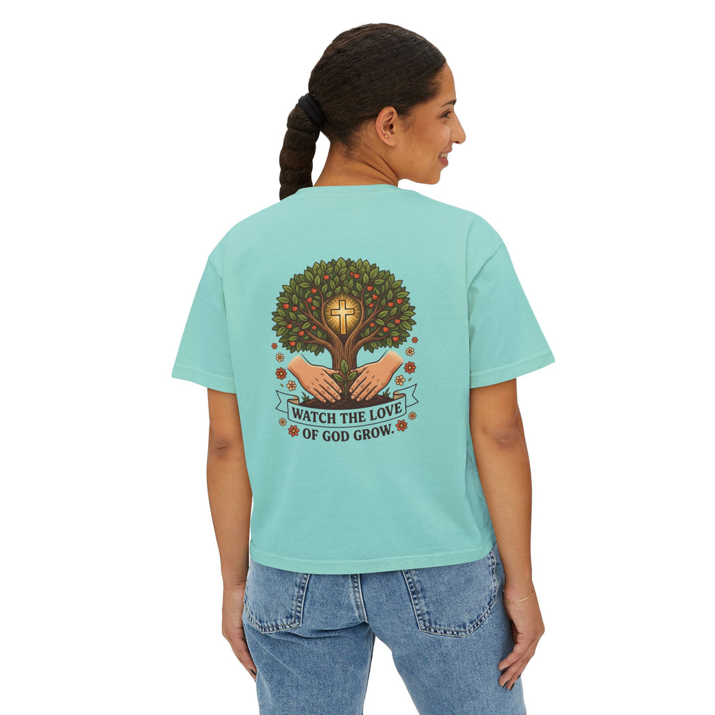 Watch the Love of God Grow Boxy Tee — Christian Faith Tree Graphic Women's Shirt