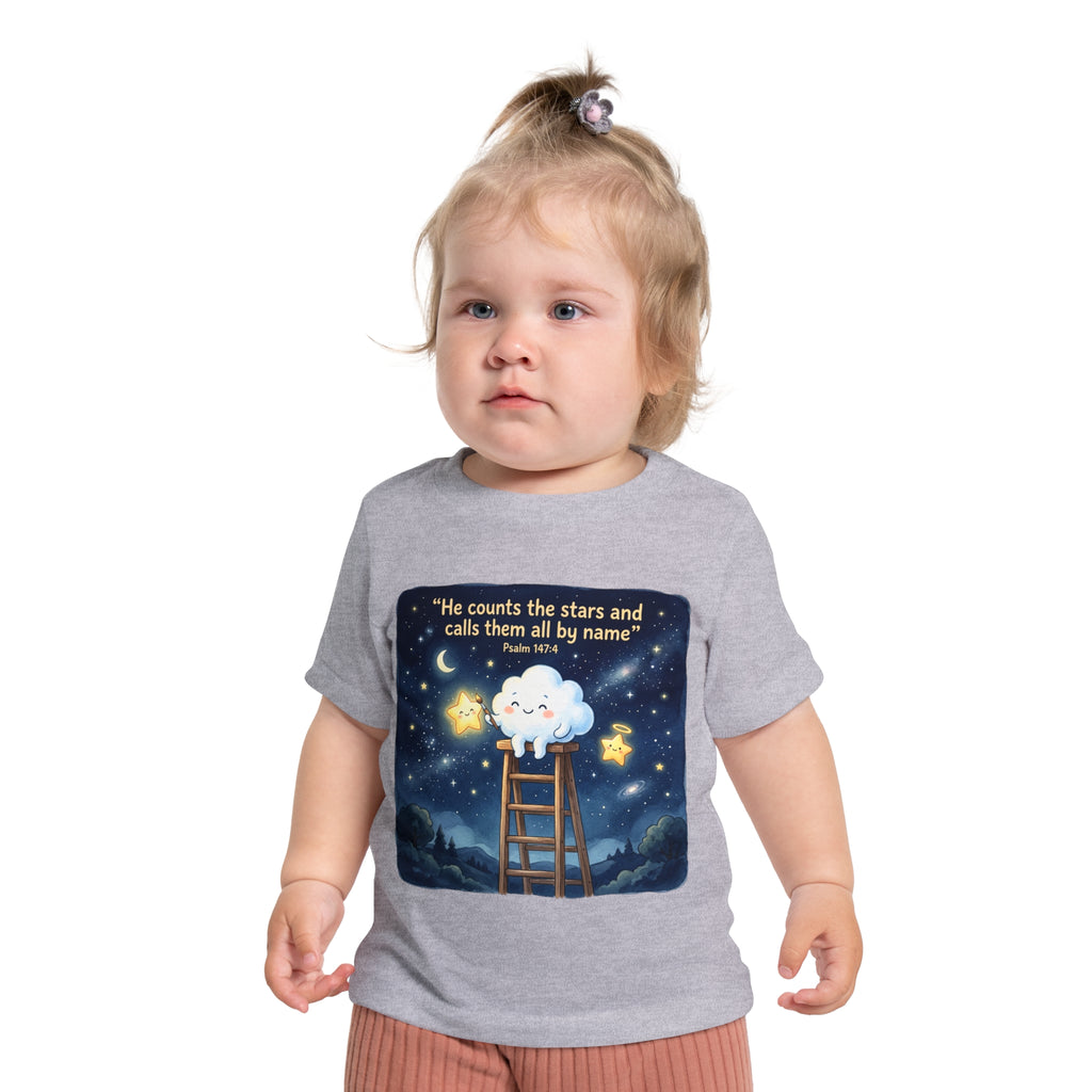 Baby Starry Night T‑Shirt — "He counts the stars and calls them all by name" (Psalm 147:4)