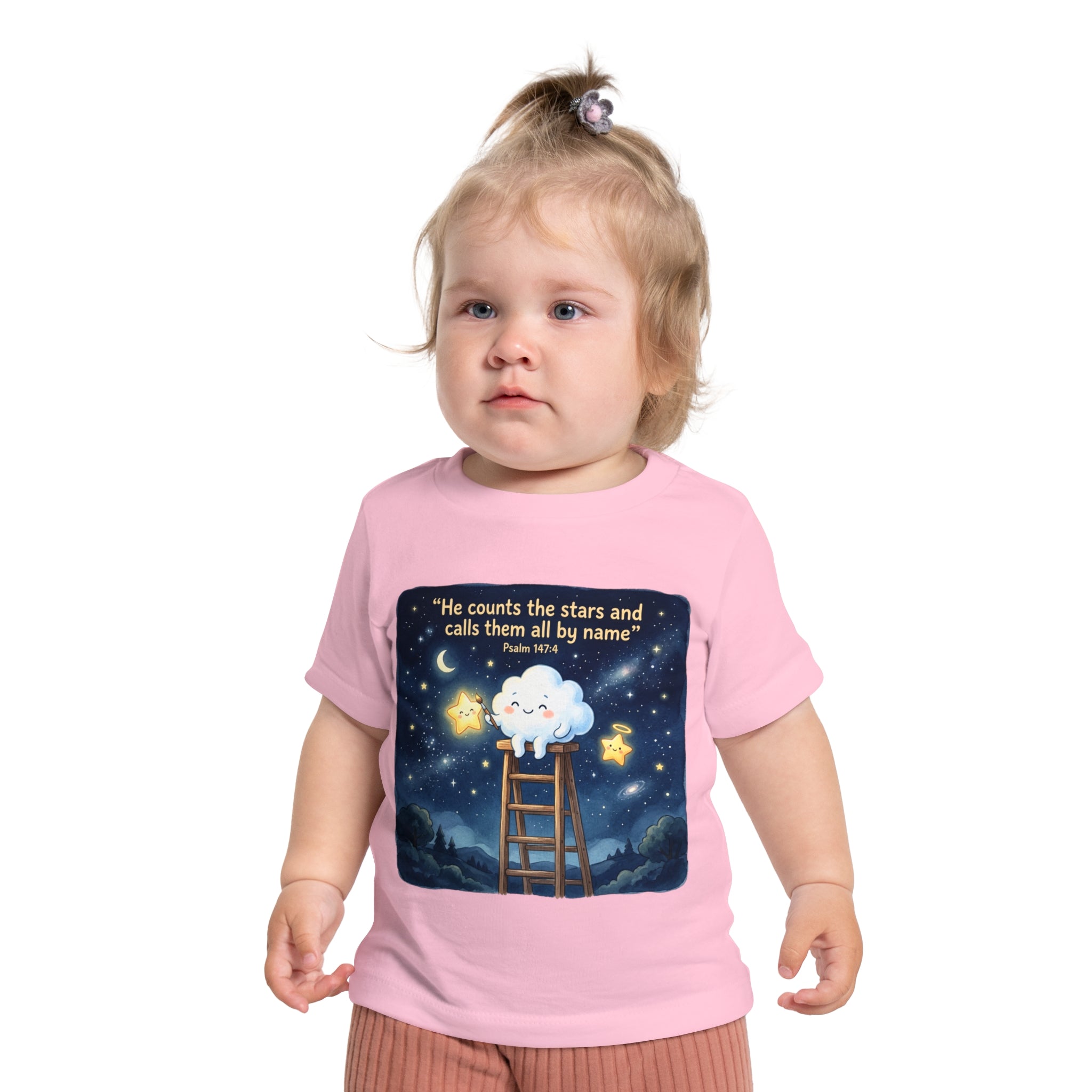 Baby Starry Night T‑Shirt — "He counts the stars and calls them all by name" (Psalm 147:4)