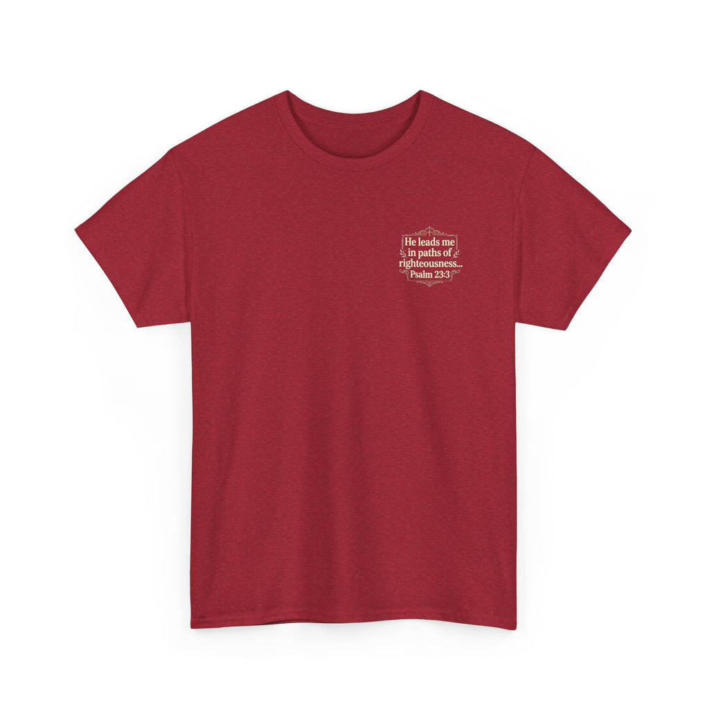 Christian Scripture Tee — "He heals the brokenhearted" Psalm 34:18 Chest Print