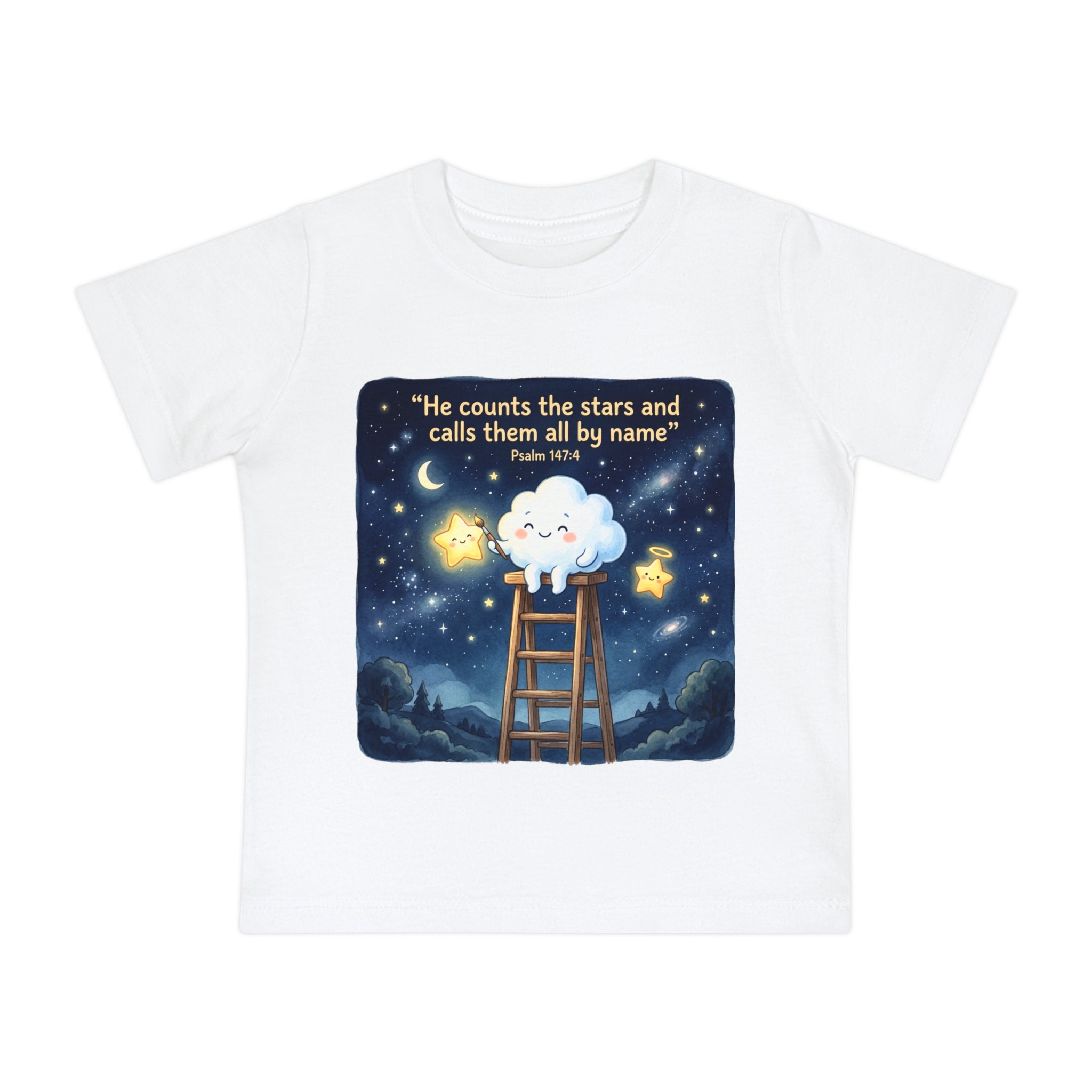 Baby Starry Night T‑Shirt — "He counts the stars and calls them all by name" (Psalm 147:4)