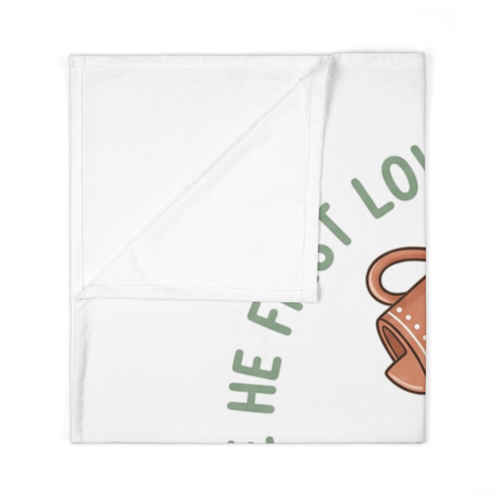 Christian Baby Swaddle Blanket — "We Love Because He First Loved Us" (1 John 4:19) with Watering Can & Seedling Design