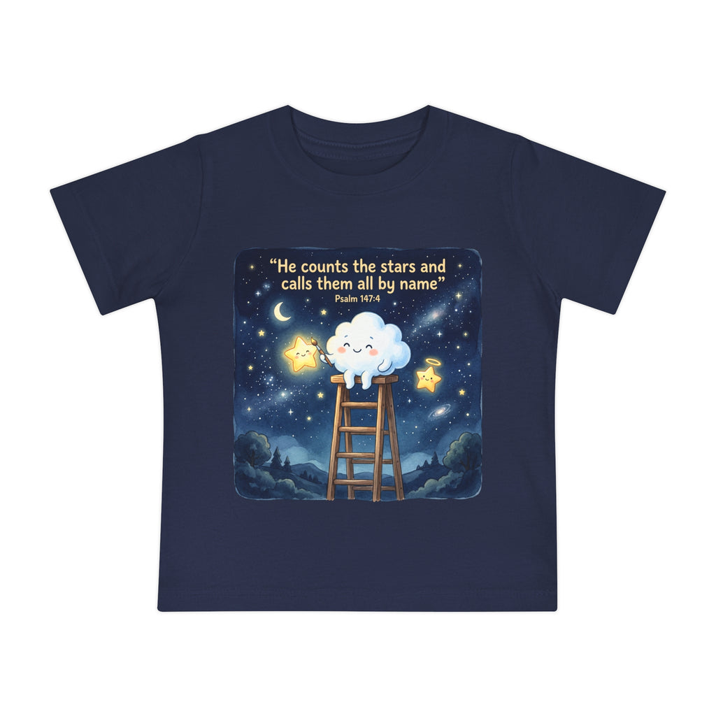 Baby Starry Night T‑Shirt — "He counts the stars and calls them all by name" (Psalm 147:4)