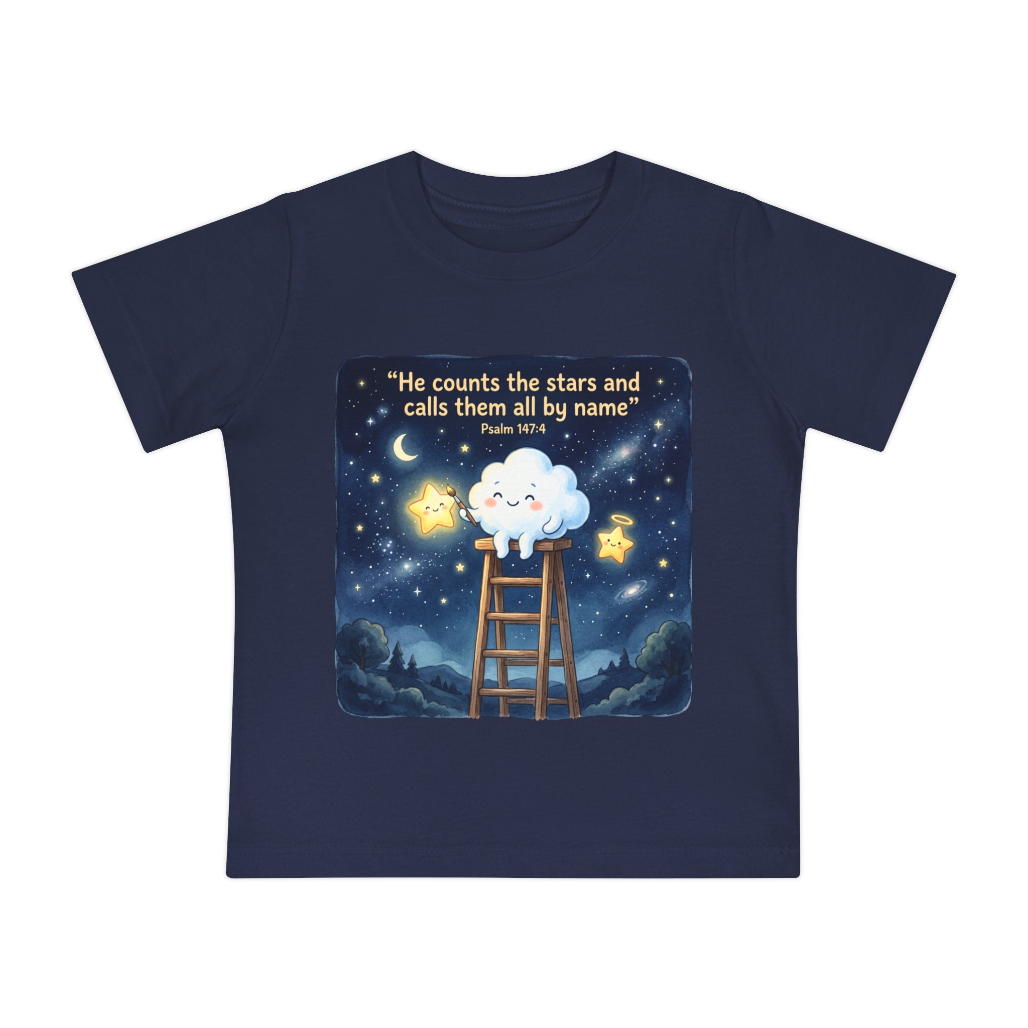 Baby Starry Night T‑Shirt — "He counts the stars and calls them all by name" (Psalm 147:4)
