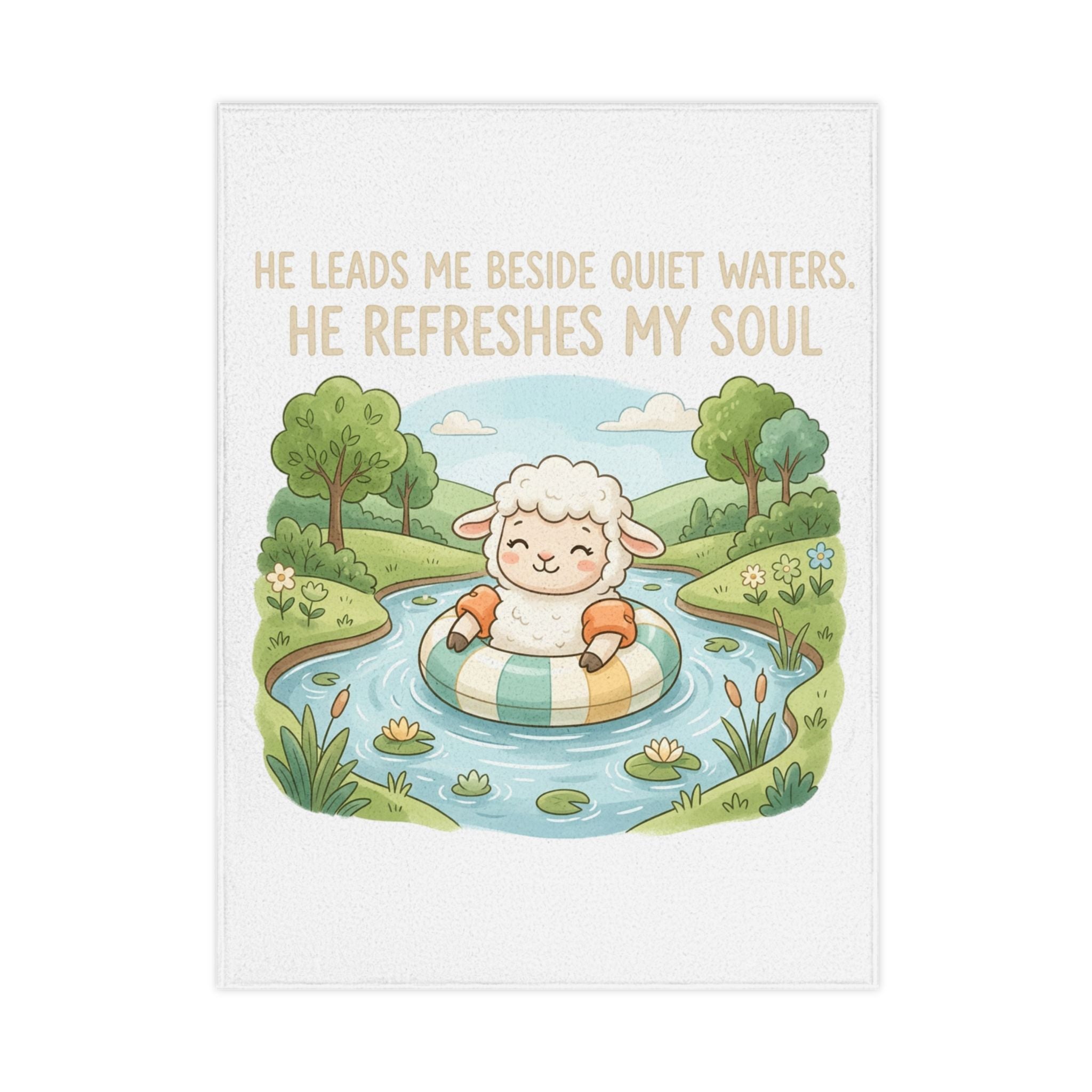 He Leads Me Beside Quiet Waters Toddler Blanket — Cute Lamb Nursery Throw with Scripture