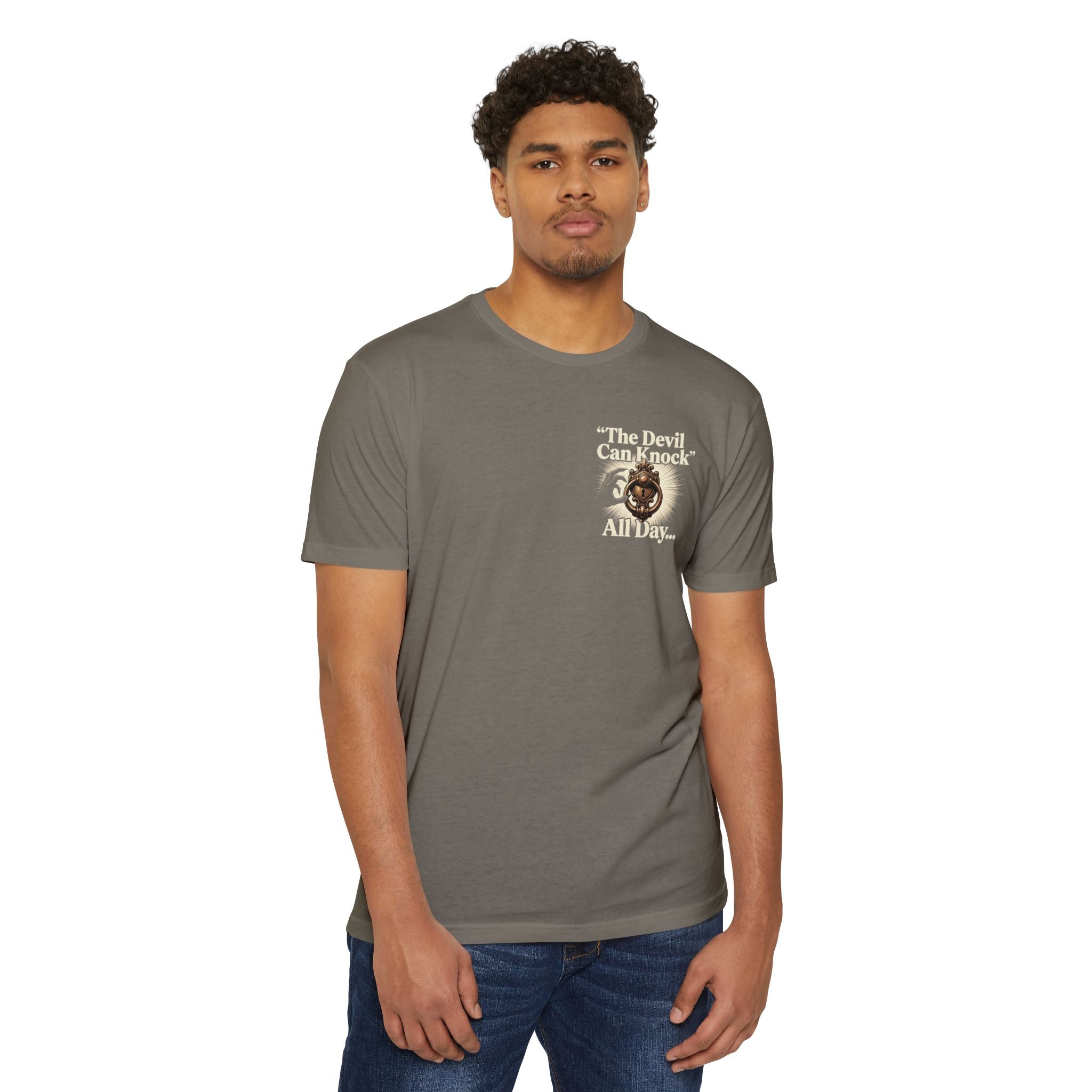 Christian Cross T-Shirt — "The Devil Can Knock All Day... But I Only Answer For Jesus"